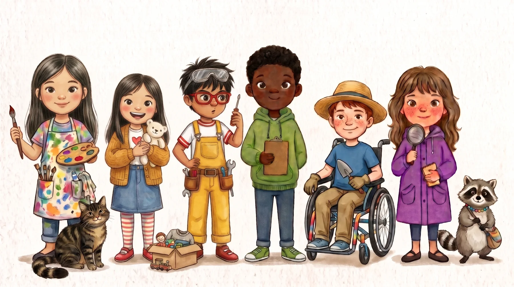 The Rummage Crew standing in a row: Aria with a paintbrush and her cat Julius, Zoey hugging Poley the polar bear, Koru with goggles and a tool belt, Marcus with a clipboard, Leo in his rainbow wheelchair, Penny with a magnifying glass, and Rummage the raccoon.