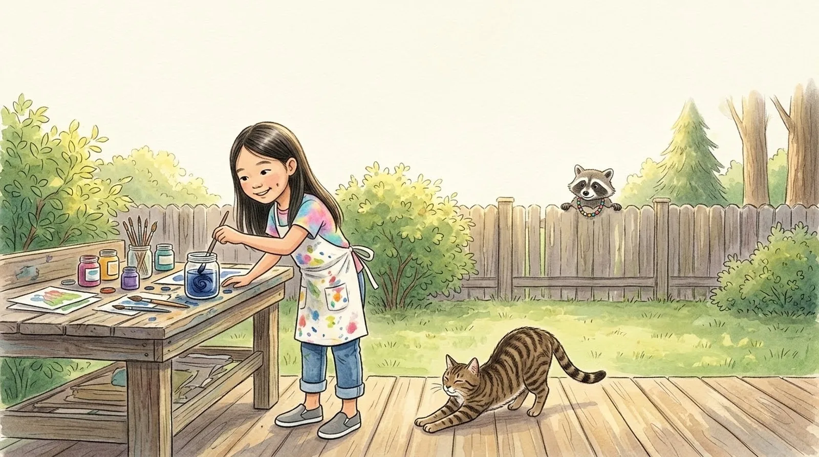 Rummage the raccoon peeks over the backyard fence, wearing his rainbow bead necklace, while Aria paints and Julius stretches on the deck.