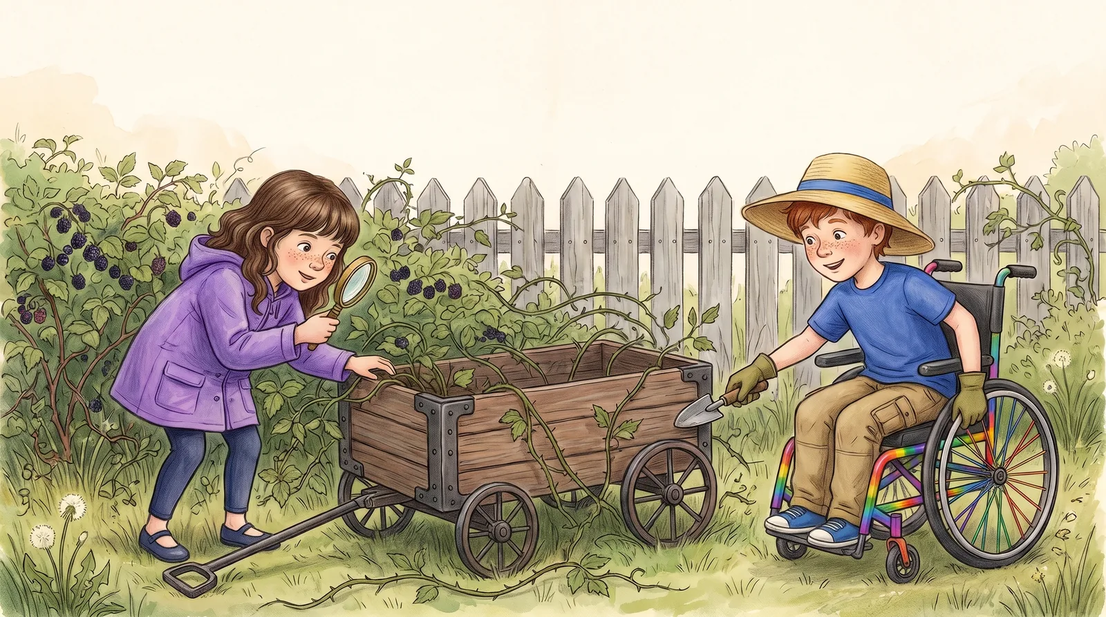 Leo in his rainbow-spoked wheelchair taps the half-hidden wagon with his garden trowel while Penny searches the hedge.