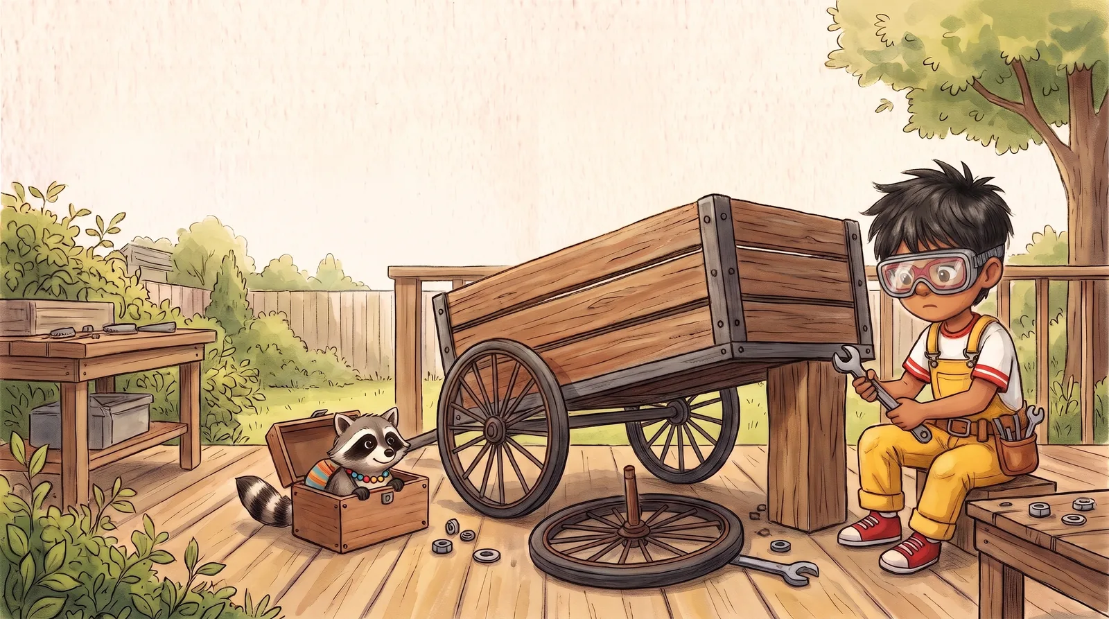 Koru in yellow overalls and safety goggles has taken the rusty wheel off the old wagon; Rummage the raccoon watches from a toolbox.