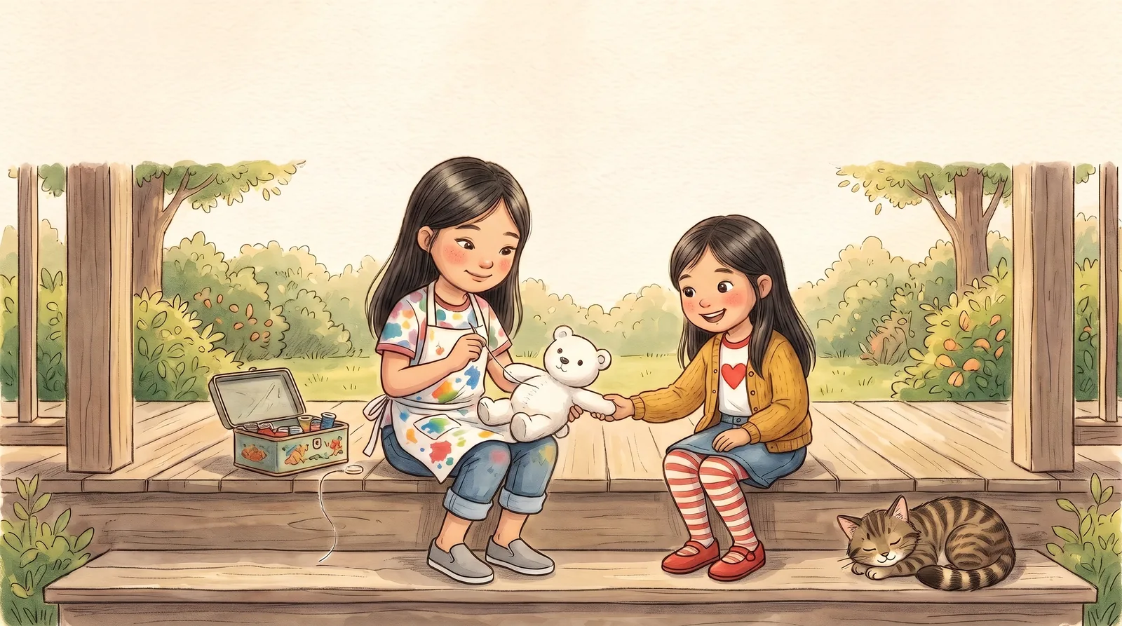 Aria sews up a small tear in Poley the polar bear while her little sister Zoey holds his paw on the porch step.
