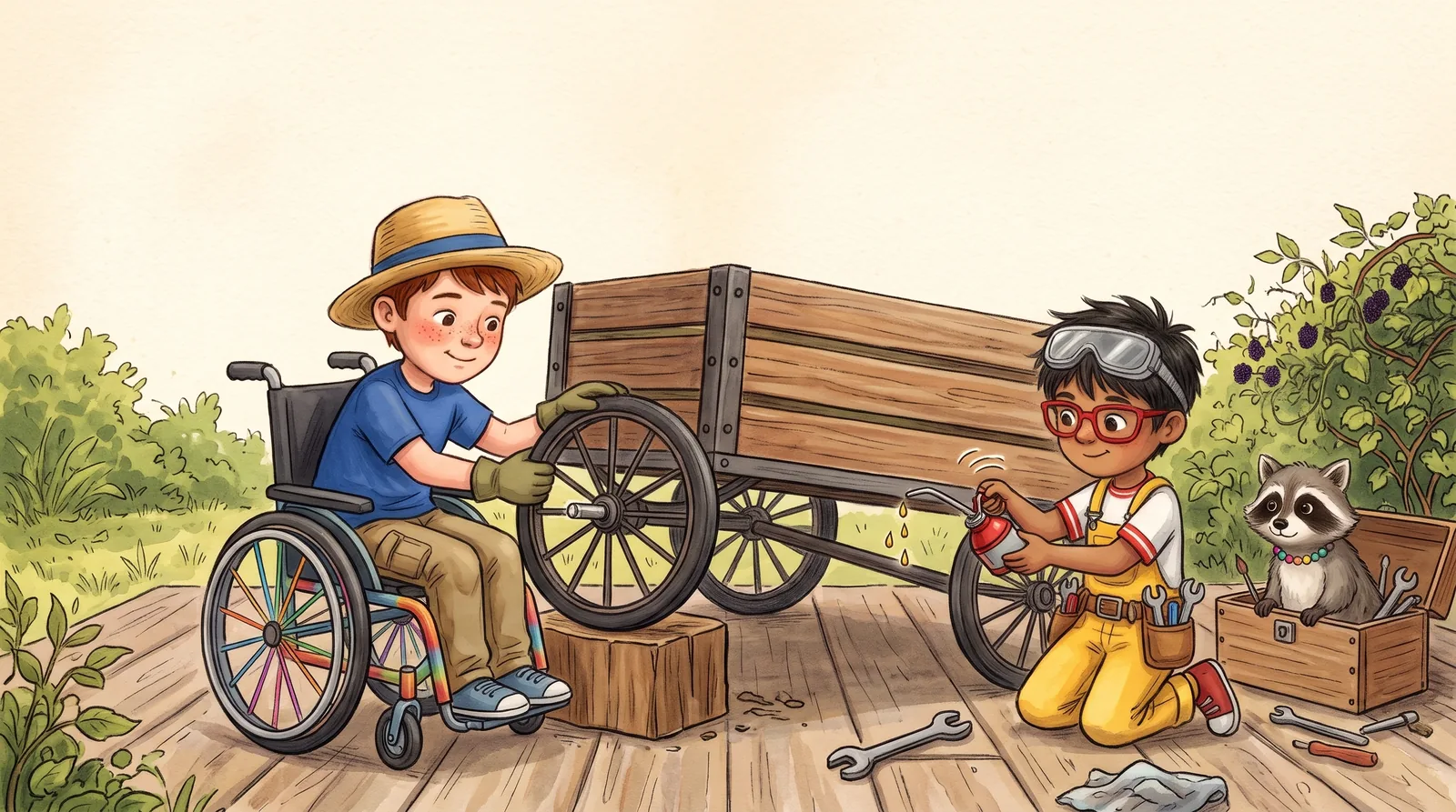 Koru kneels with an oil can at the wagon while Leo, in his wheelchair, holds the wheel steady; Rummage watches from a toolbox.