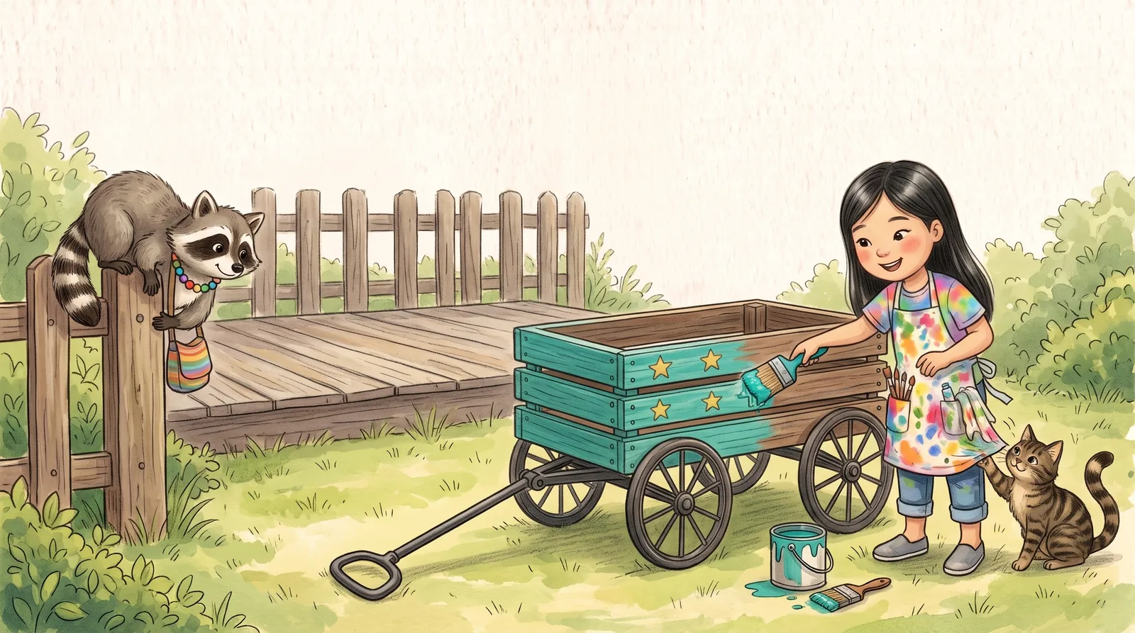 Aria paints the old wagon bright teal with gold stars while Julius the cat bats at her apron and Rummage climbs down the fence.