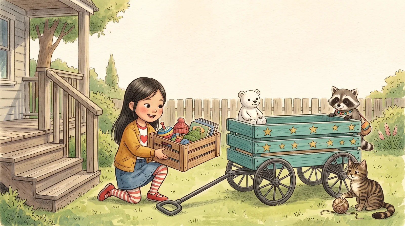 Zoey lifts a crate of donated toys and books into the teal wagon while Julius plays with yarn.