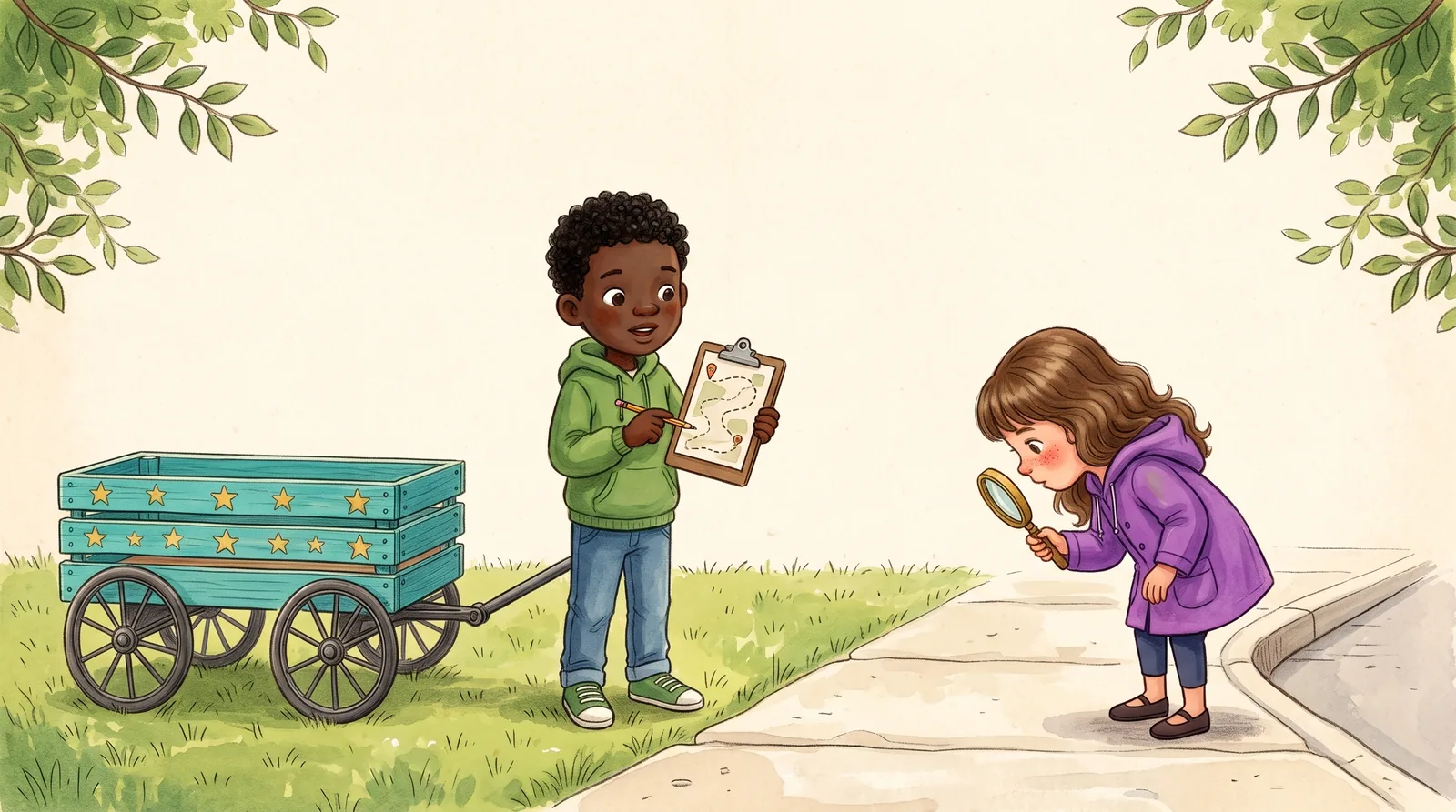 Marcus shows the donation route on his clipboard map while Penny checks the curb ramp with her magnifying glass.
