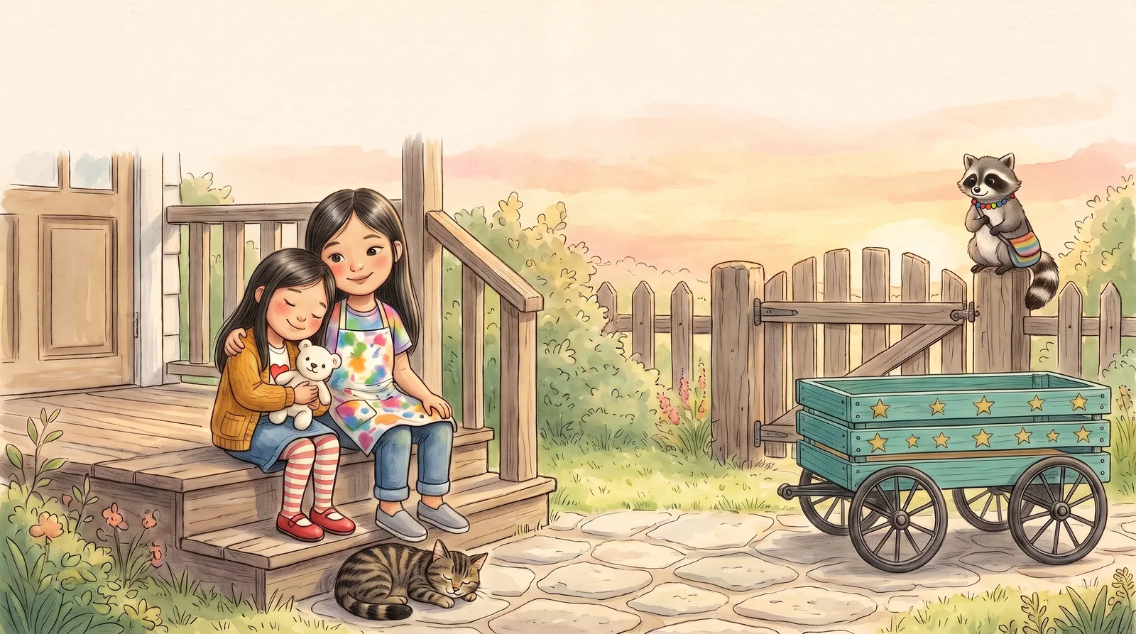 At sunset Zoey leans on her big sister Aria's shoulder on the porch steps, hugging Poley, with the empty teal wagon parked by the gate.